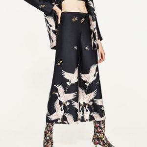 Zara High Waist Silky Bird Print Culottes